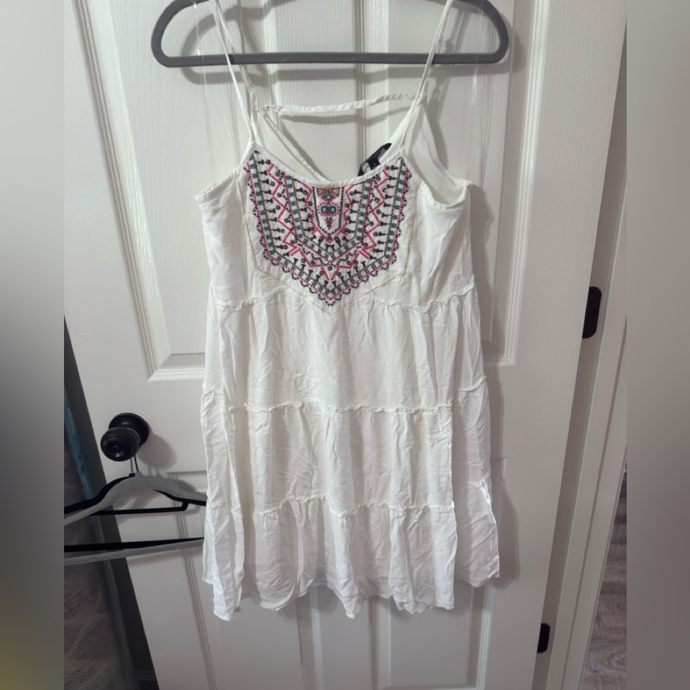 Signature Studio White Tiered Sundress with Pink & Green Embroidery